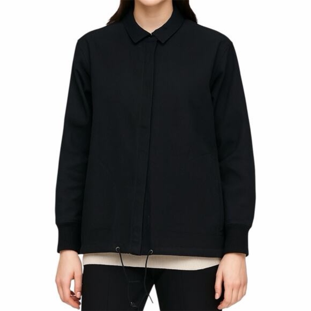 ST. JOHN Black Collared Button Down Knit Rib Trim Outdoor Shirt Jacket M